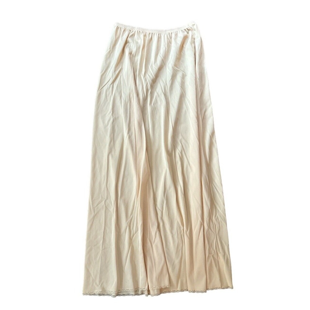 Vanity Fair Vintage Beige‎ Nylon Maxi Slip Dress Lace Trim Lingerie Medium